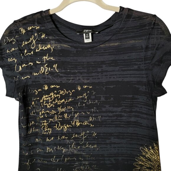 Express Womens Black Gold Y2K 2000s Burnout Abstract Script Graphic Top Small - Picture 3 of 10